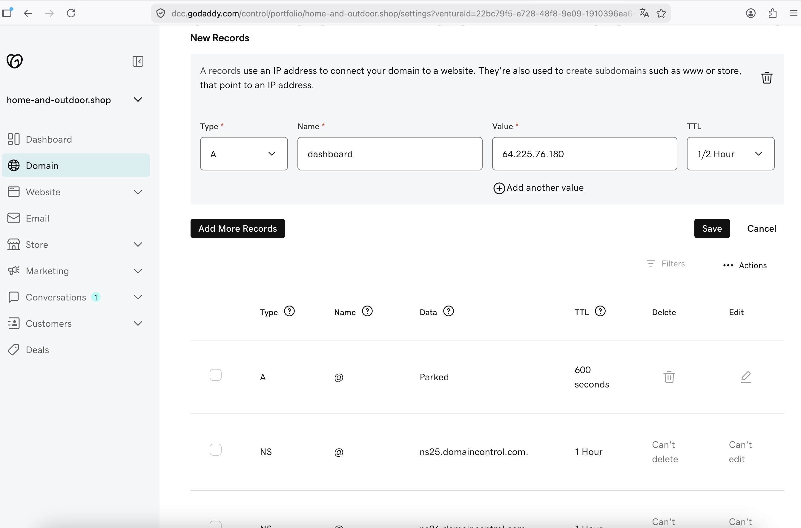 Add dashboard A record